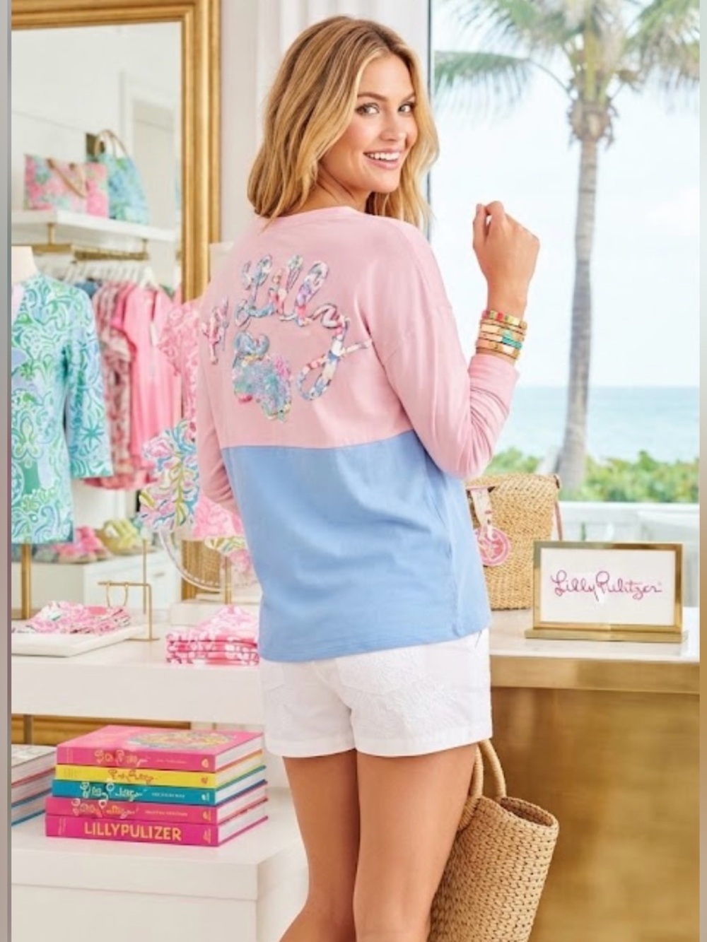 Lilly Pulitzer Pink and Blue Colorblock Long Sleeve Finn Top ~ Size L